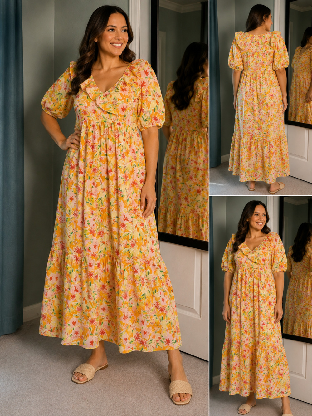 Crown & Ivy Large Floral Eyelet Ruffle Maxi Dress Puff Sleeve Cottagecore